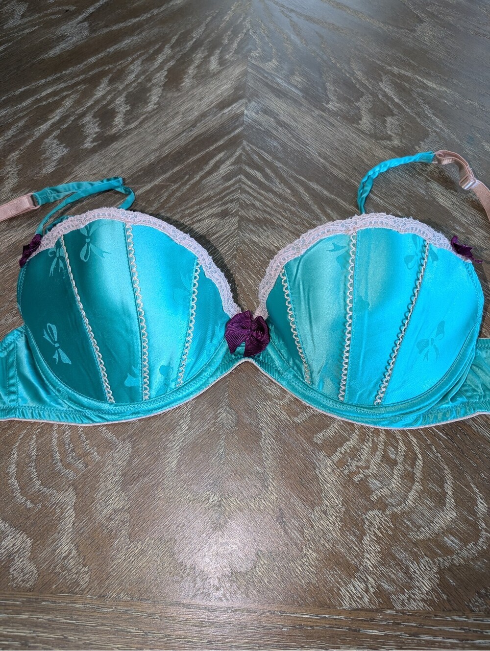 VS Sexy Little Things 34D Satin Balconet Bra Teal Blue Pink Bow Vintage Y2K